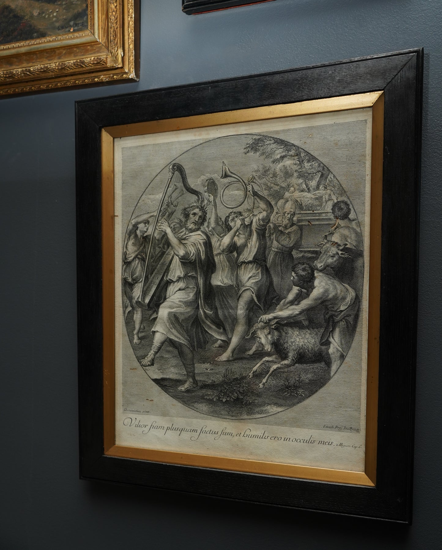 Johann Jakob Frey Engraving “The Triumph of David” after Domenichino | 18th-Century Biblical Print in Black Frame