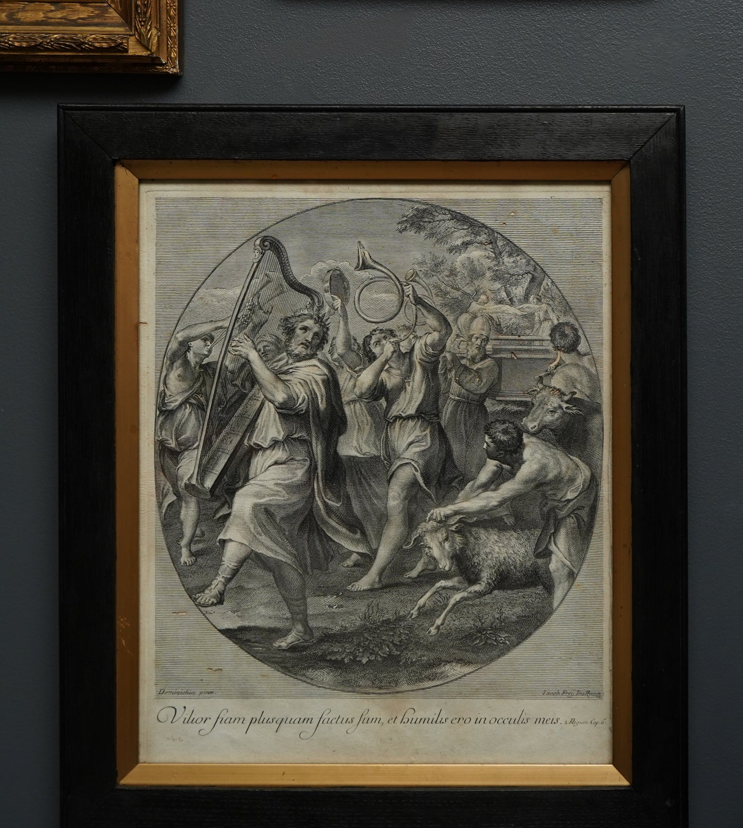 Johann Jakob Frey Engraving “The Triumph of David” after Domenichino | 18th-Century Biblical Print in Black Frame