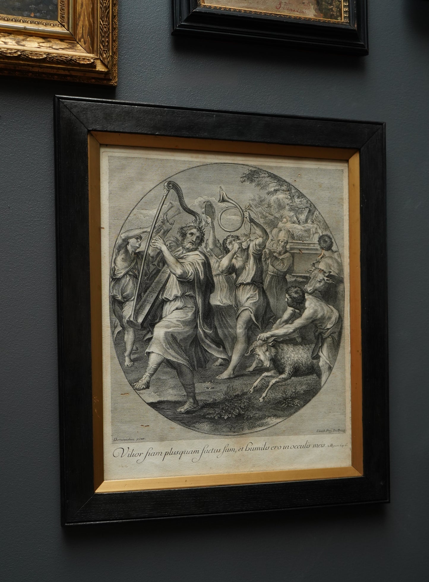 Johann Jakob Frey Engraving “The Triumph of David” after Domenichino | 18th-Century Biblical Print in Black Frame