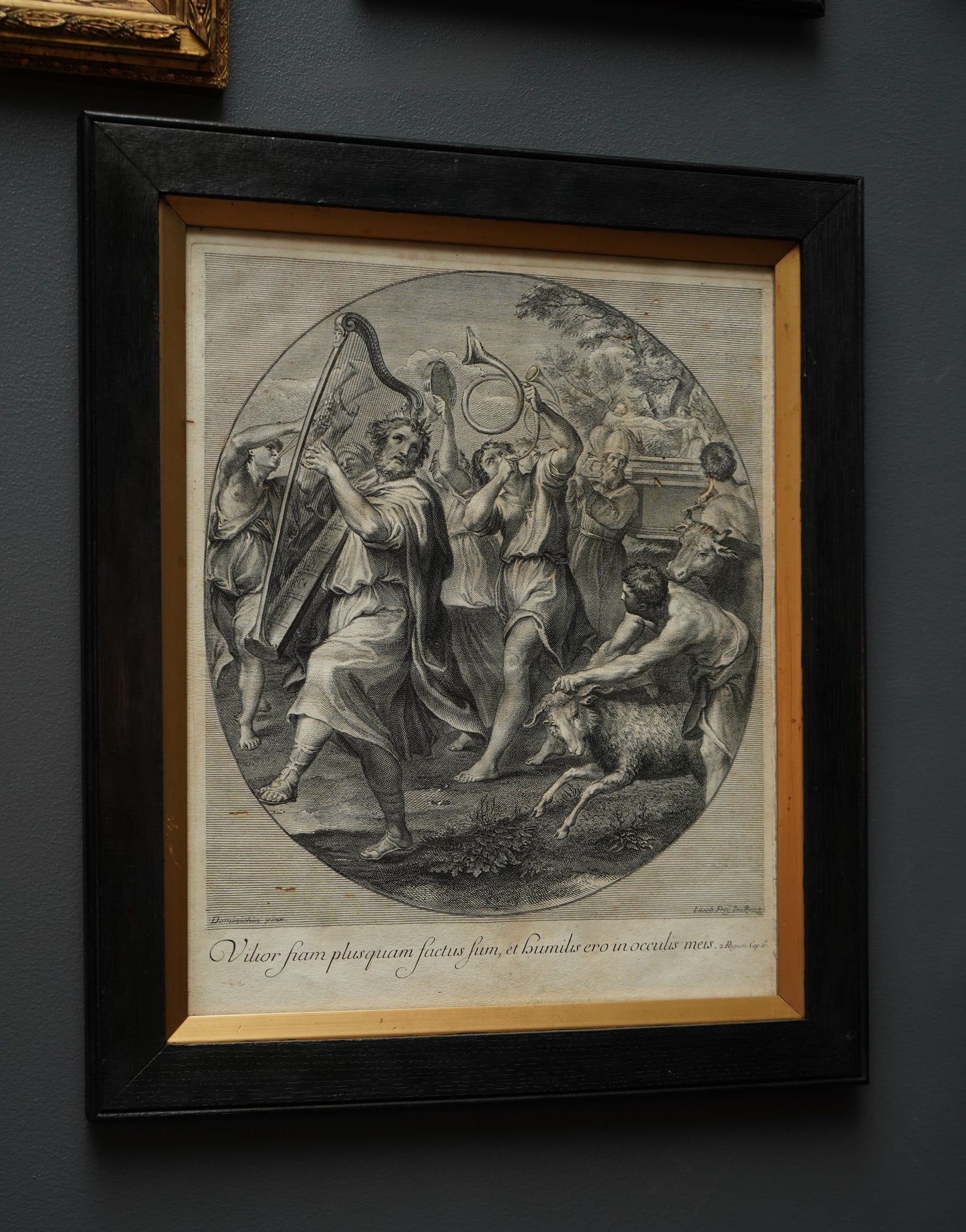 Johann Jakob Frey Engraving “The Triumph of David” after Domenichino | 18th-Century Biblical Print in Black Frame