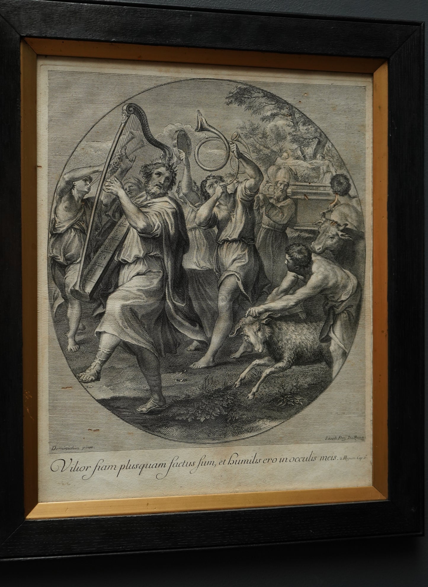 Johann Jakob Frey Engraving “The Triumph of David” after Domenichino | 18th-Century Biblical Print in Black Frame