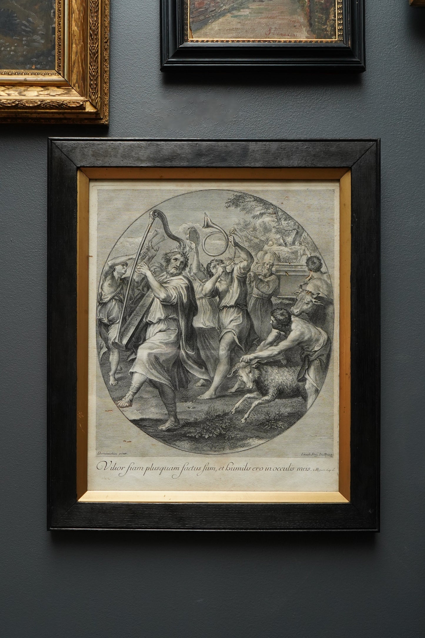 Johann Jakob Frey Engraving “The Triumph of David” after Domenichino | 18th-Century Biblical Print in Black Frame