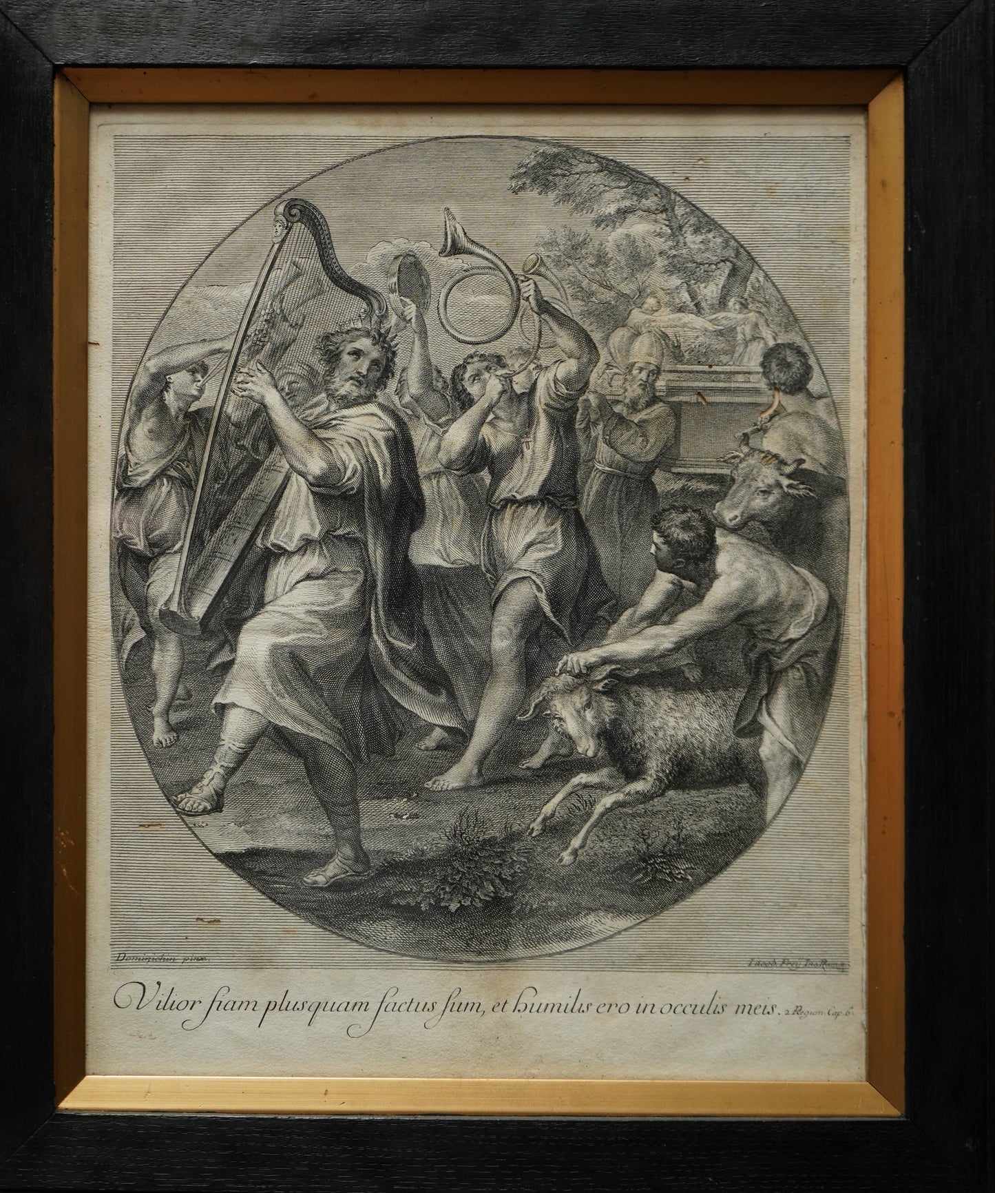 Johann Jakob Frey Engraving “The Triumph of David” after Domenichino | 18th-Century Biblical Print in Black Frame