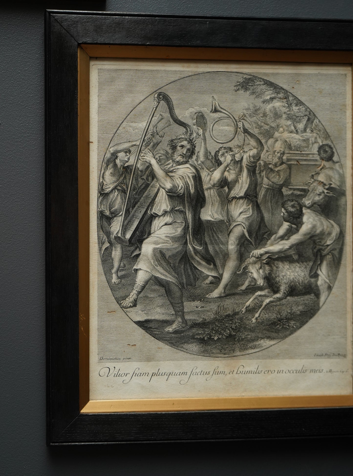 Johann Jakob Frey Engraving “The Triumph of David” after Domenichino | 18th-Century Biblical Print in Black Frame