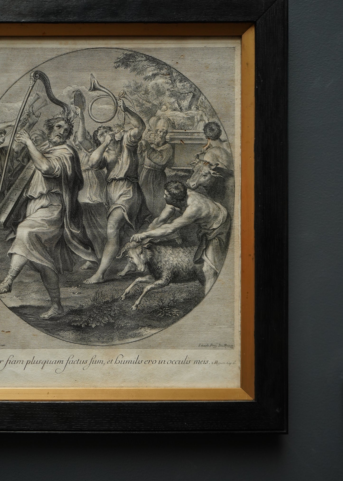 Johann Jakob Frey Engraving “The Triumph of David” after Domenichino | 18th-Century Biblical Print in Black Frame