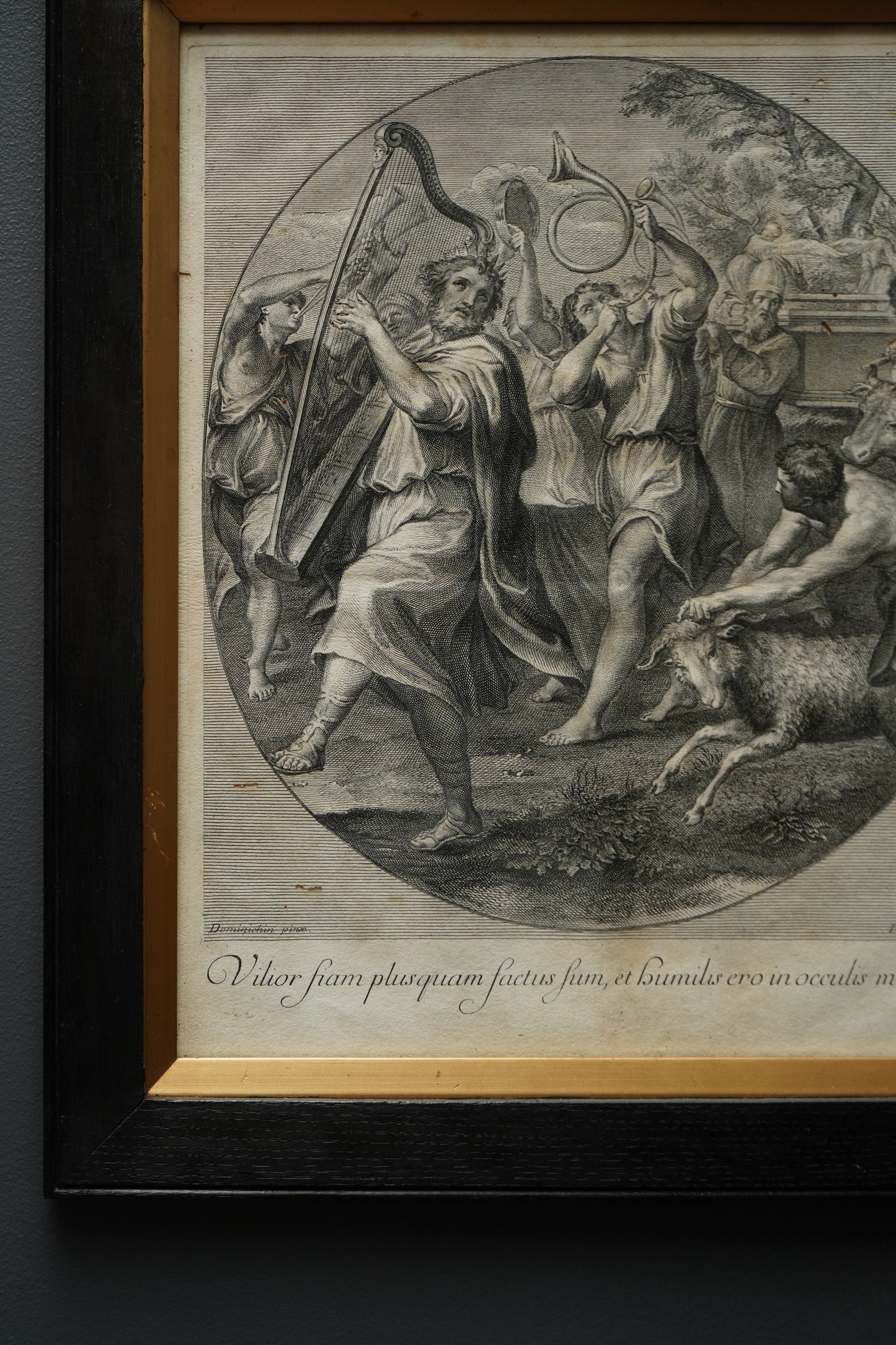 Johann Jakob Frey Engraving “The Triumph of David” after Domenichino | 18th-Century Biblical Print in Black Frame