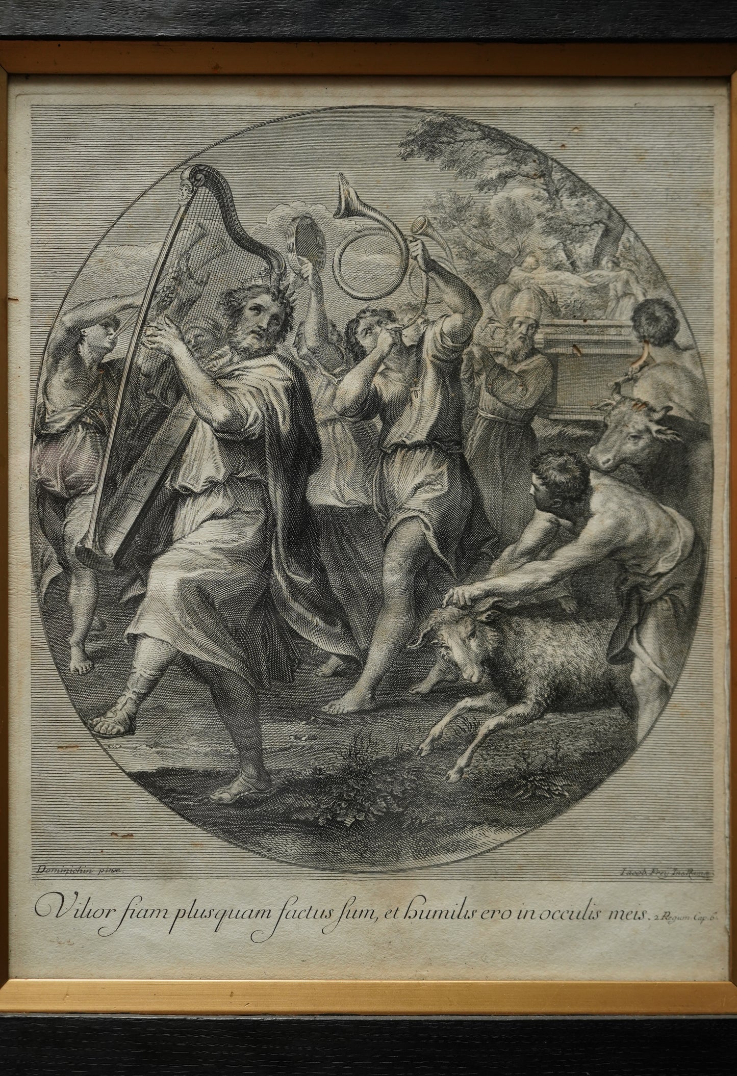 Johann Jakob Frey Engraving “The Triumph of David” after Domenichino | 18th-Century Biblical Print in Black Frame