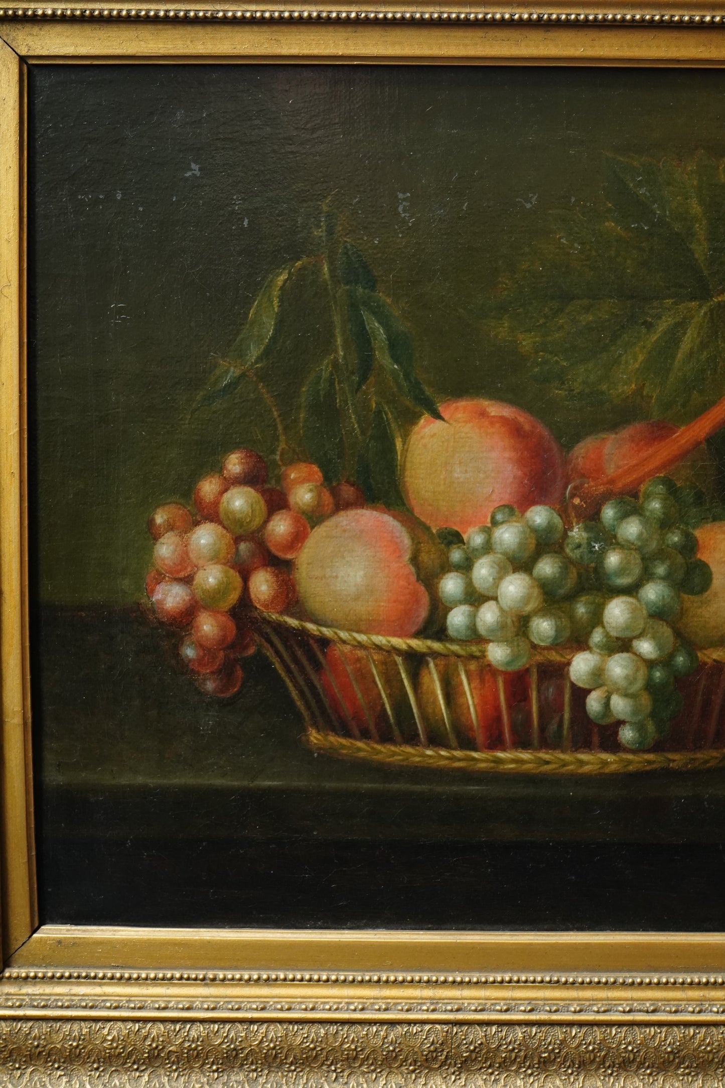 Antique Continental Still Life of Peaches and Grapes in a Basket Oil Painting