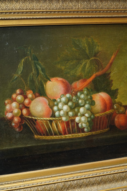 Antique Continental Still Life of Peaches and Grapes in a Basket Oil Painting