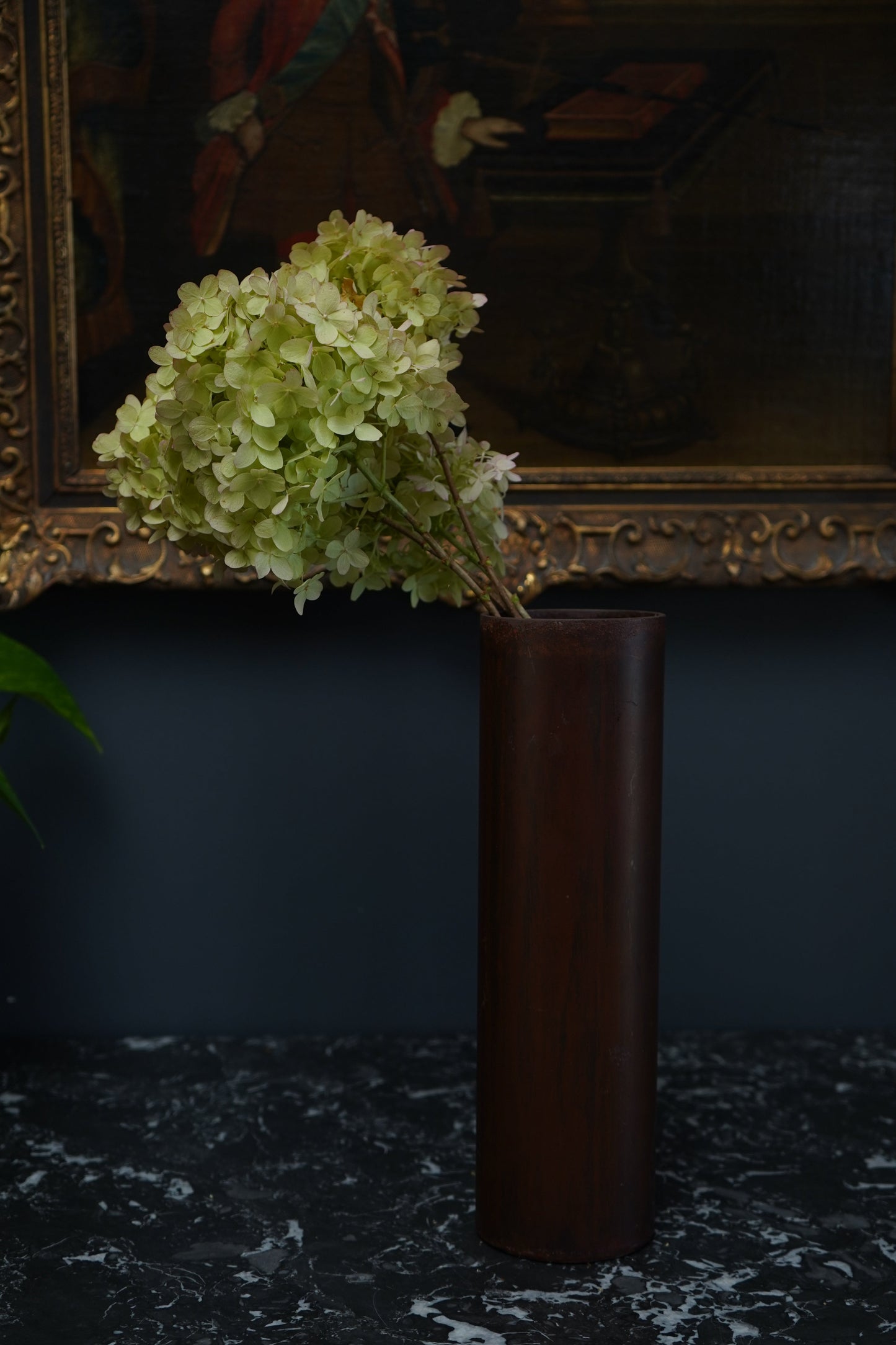 Mid-Century Modern Sculptural Metal Vase | Brutalist Cylinder Form, Painted Patina Finish