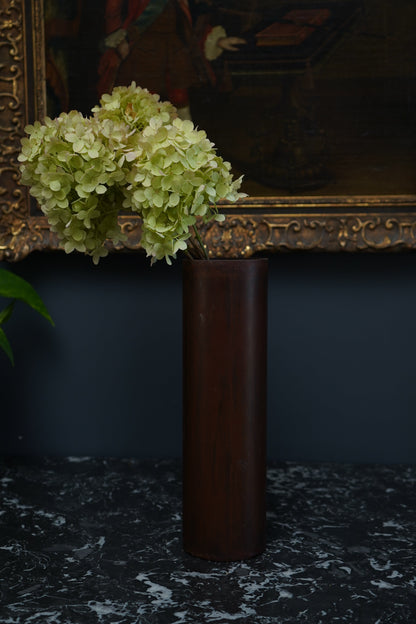 Mid-Century Modern Sculptural Metal Vase | Brutalist Cylinder Form, Painted Patina Finish
