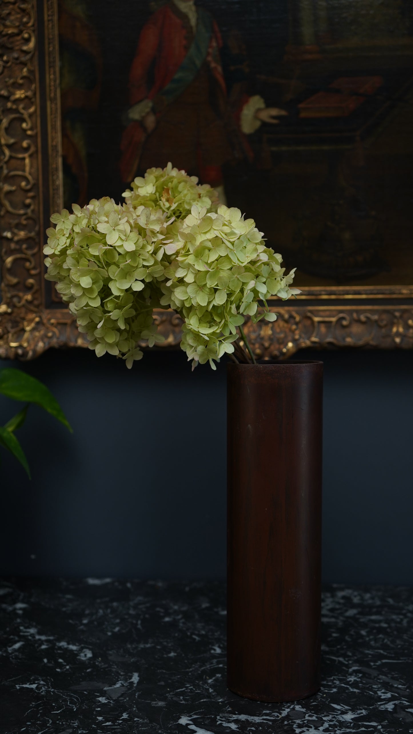 Mid-Century Modern Sculptural Metal Vase | Brutalist Cylinder Form, Painted Patina Finish