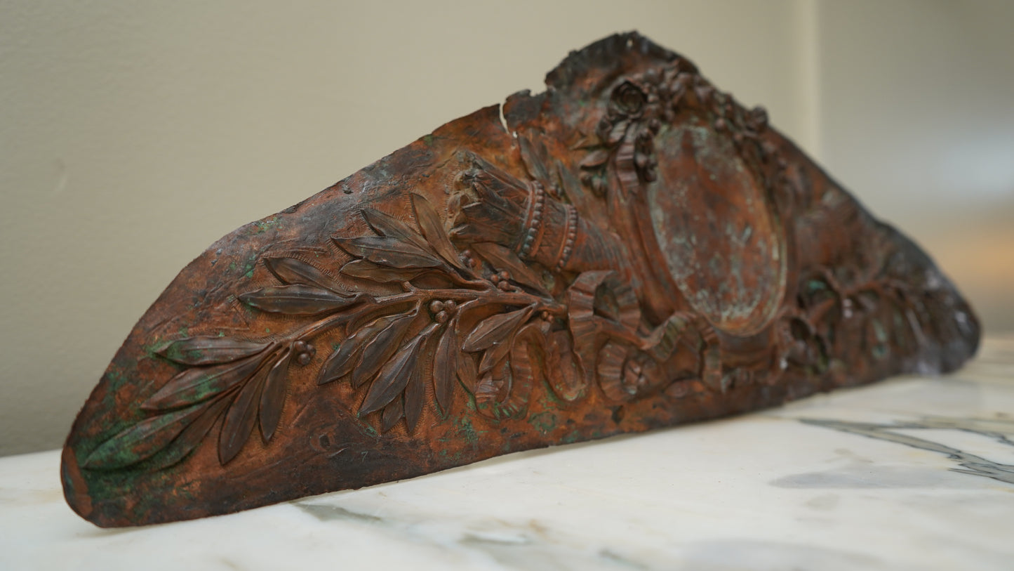 Antique French Bronze Overdoor Pediment with Louis XVI Cartouche | French Bronze Architectural Salvage