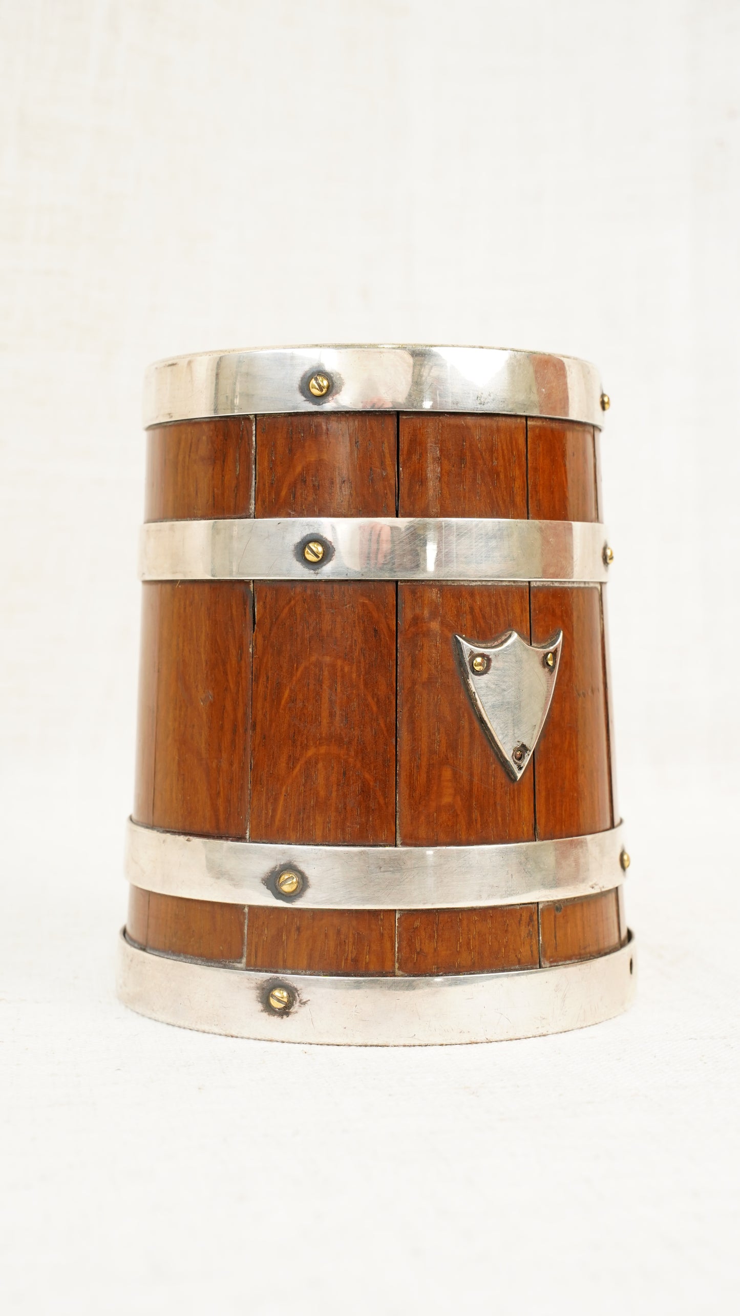 Antique English Oak and Silver Plate Tankard, Sheffield