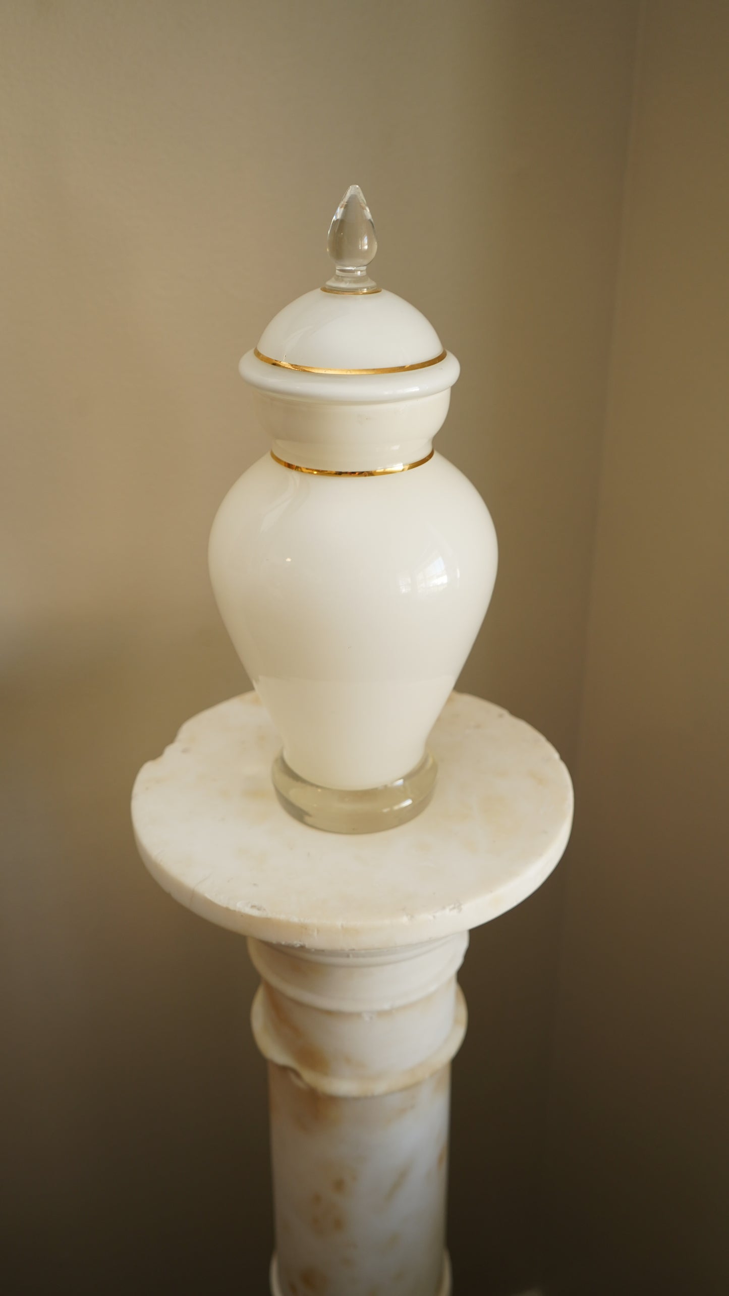 Mid-Century White Glass Apothecary Jar with Gilt Detail and Clear Finial