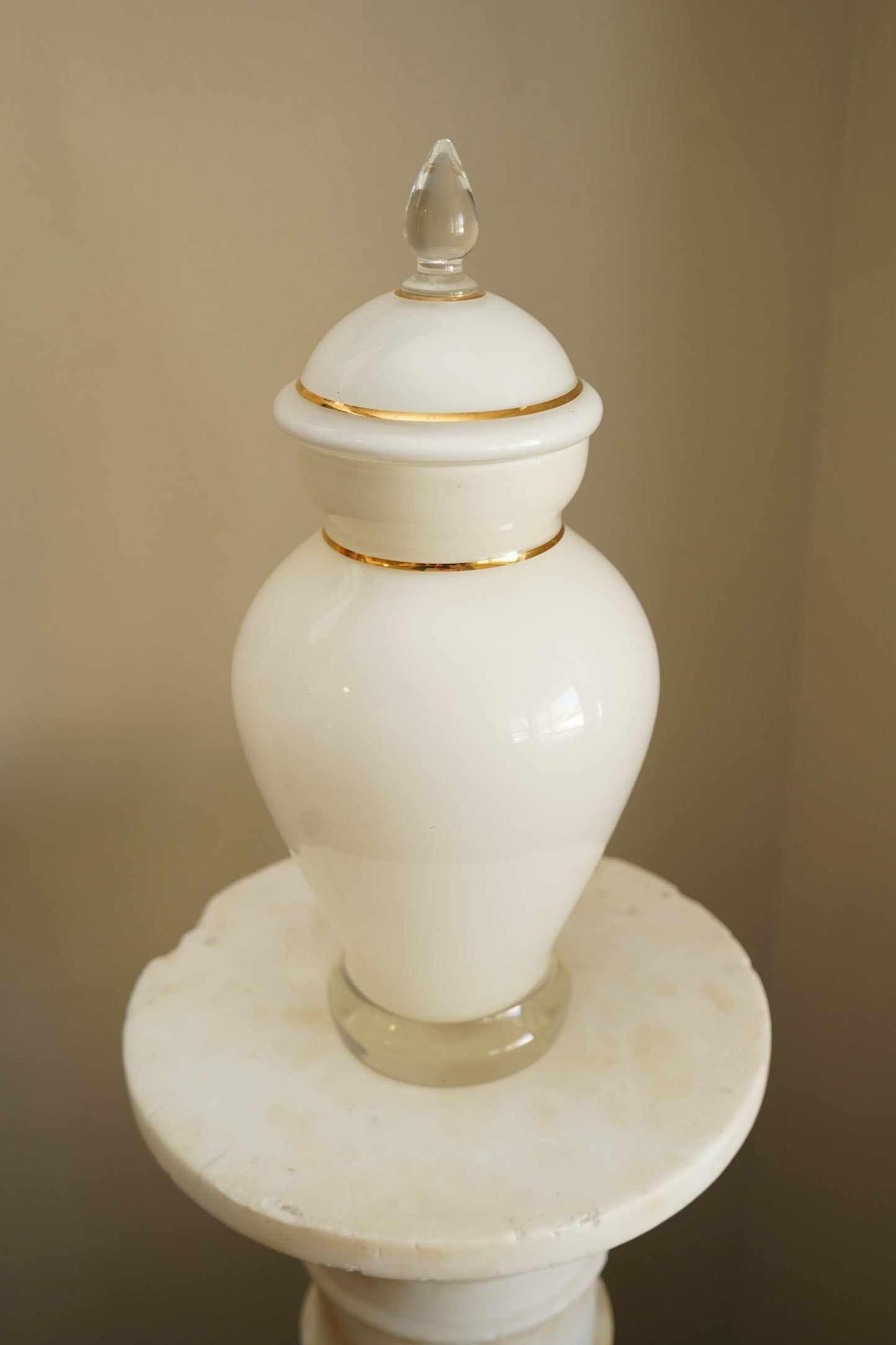 Mid-Century White Glass Apothecary Jar with Gilt Detail and Clear Finial