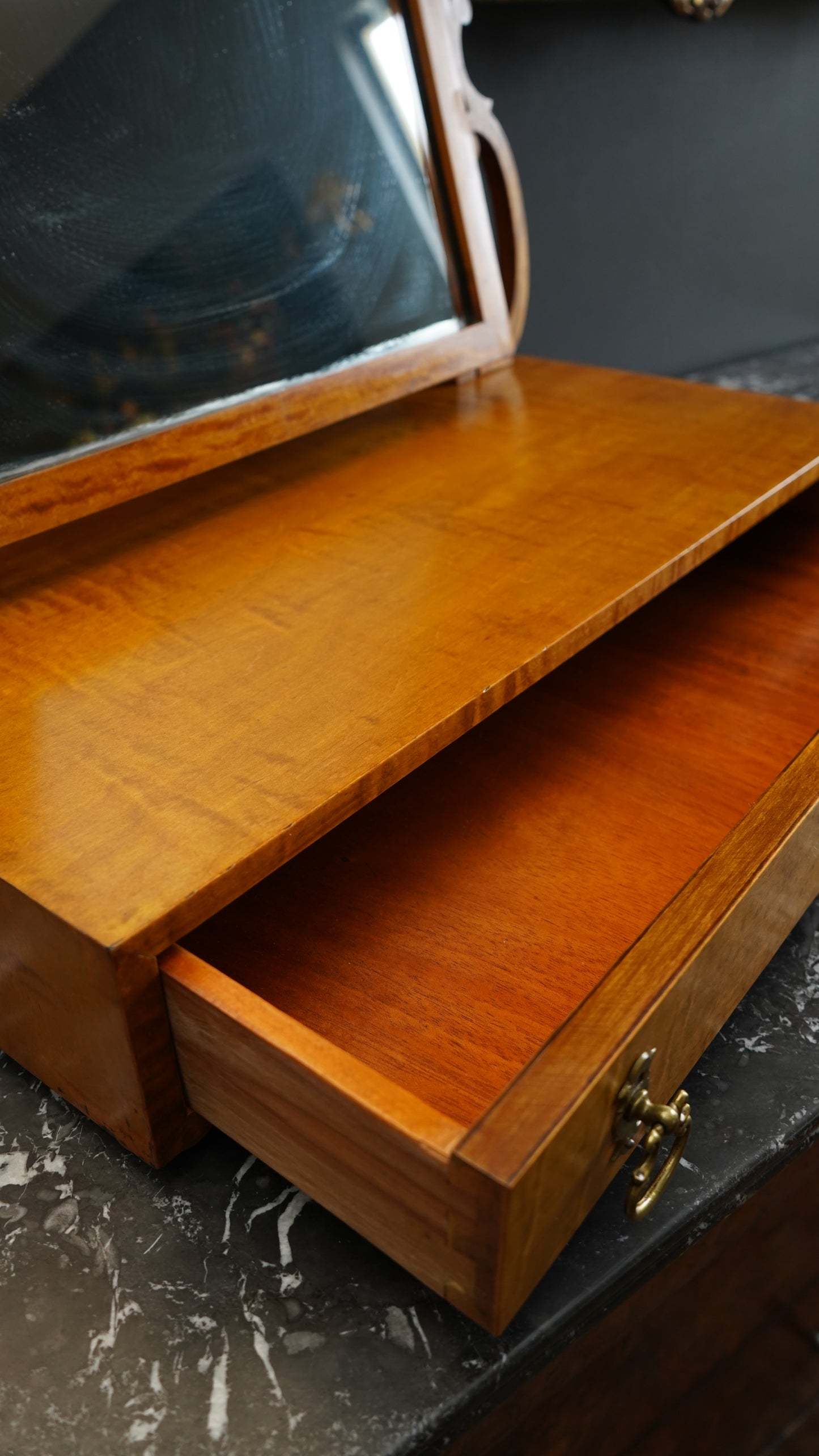 Antique English Dressing Table Mirror in Bird’s Eye Maple Circa 1830 to 1850