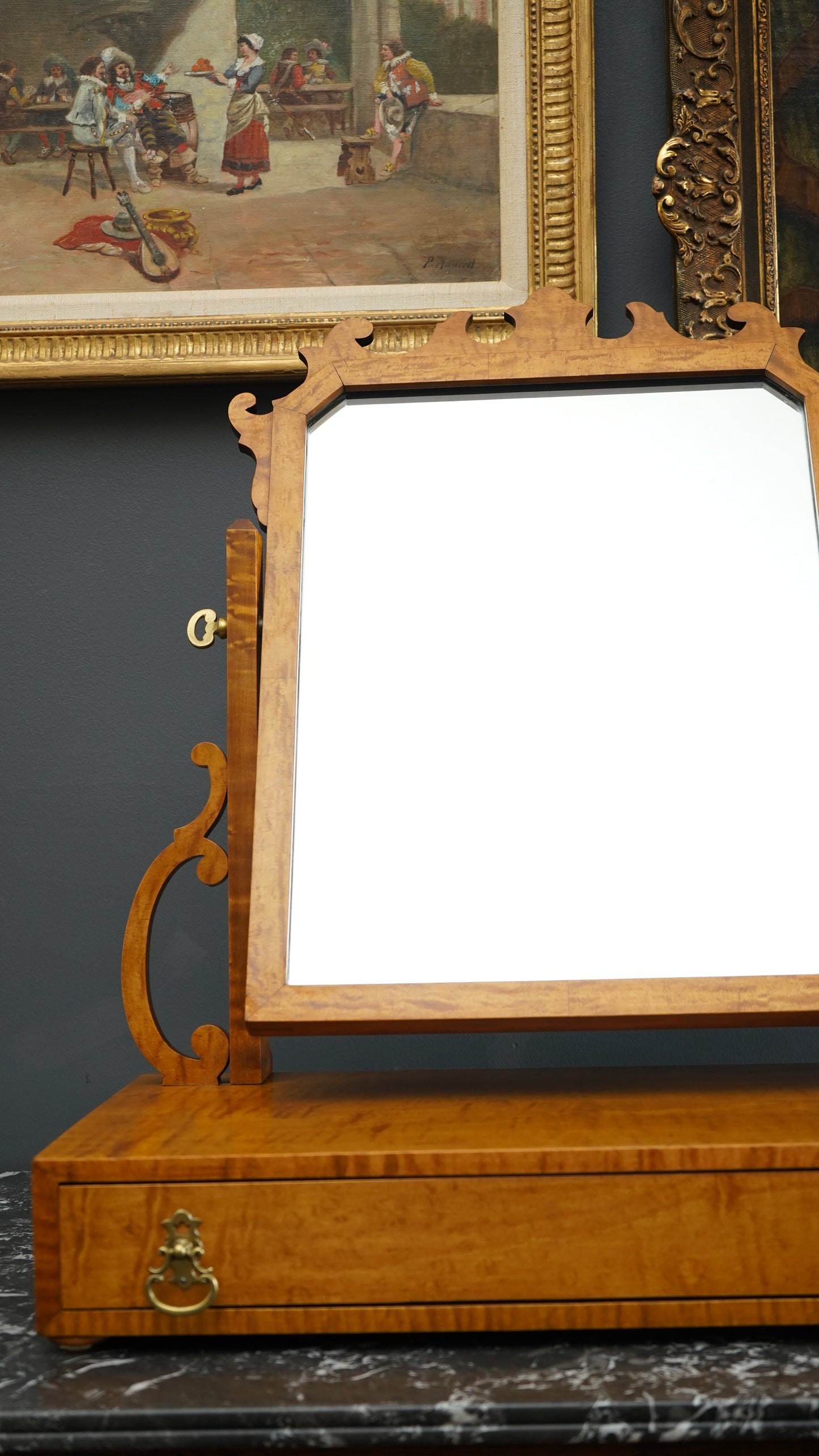 Antique English Dressing Table Mirror in Bird’s Eye Maple Circa 1830 to 1850