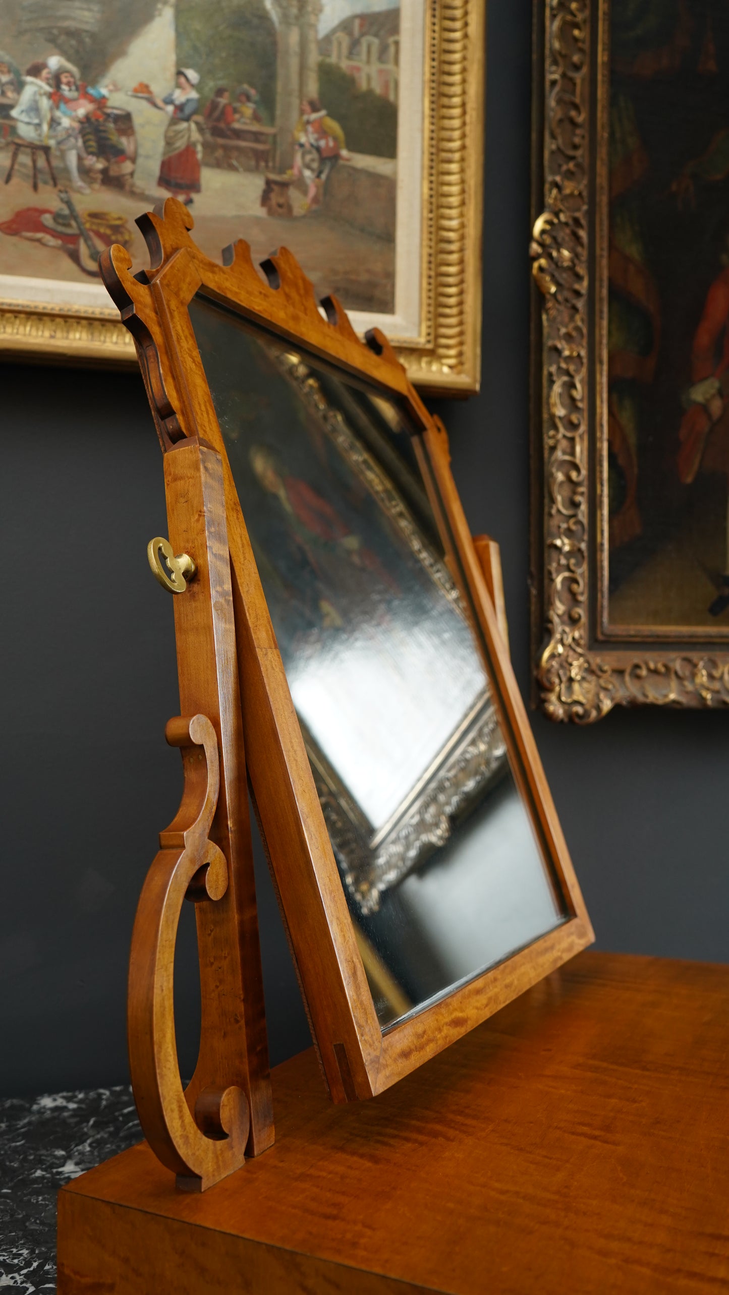Antique English Dressing Table Mirror in Bird’s Eye Maple Circa 1830 to 1850