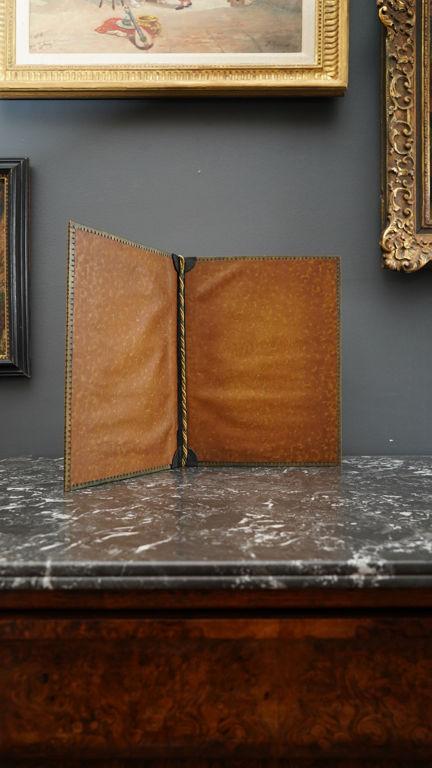 Antique Handcrafted Pokerwork Terrier Writing Blotter, Signed F.H.O., c. 1910–1930