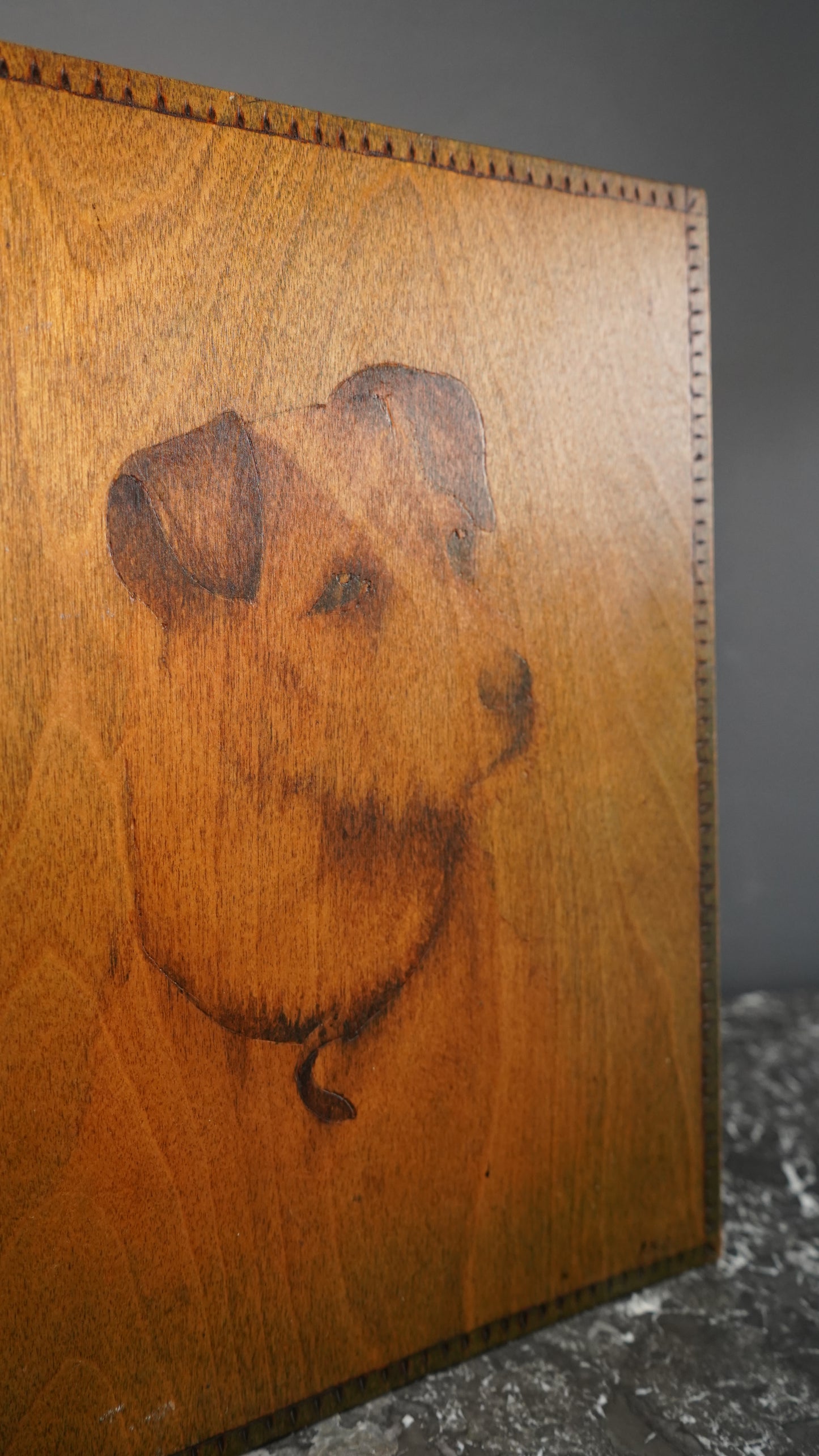 Antique Handcrafted Pokerwork Terrier Writing Blotter, Signed F.H.O., c. 1910–1930