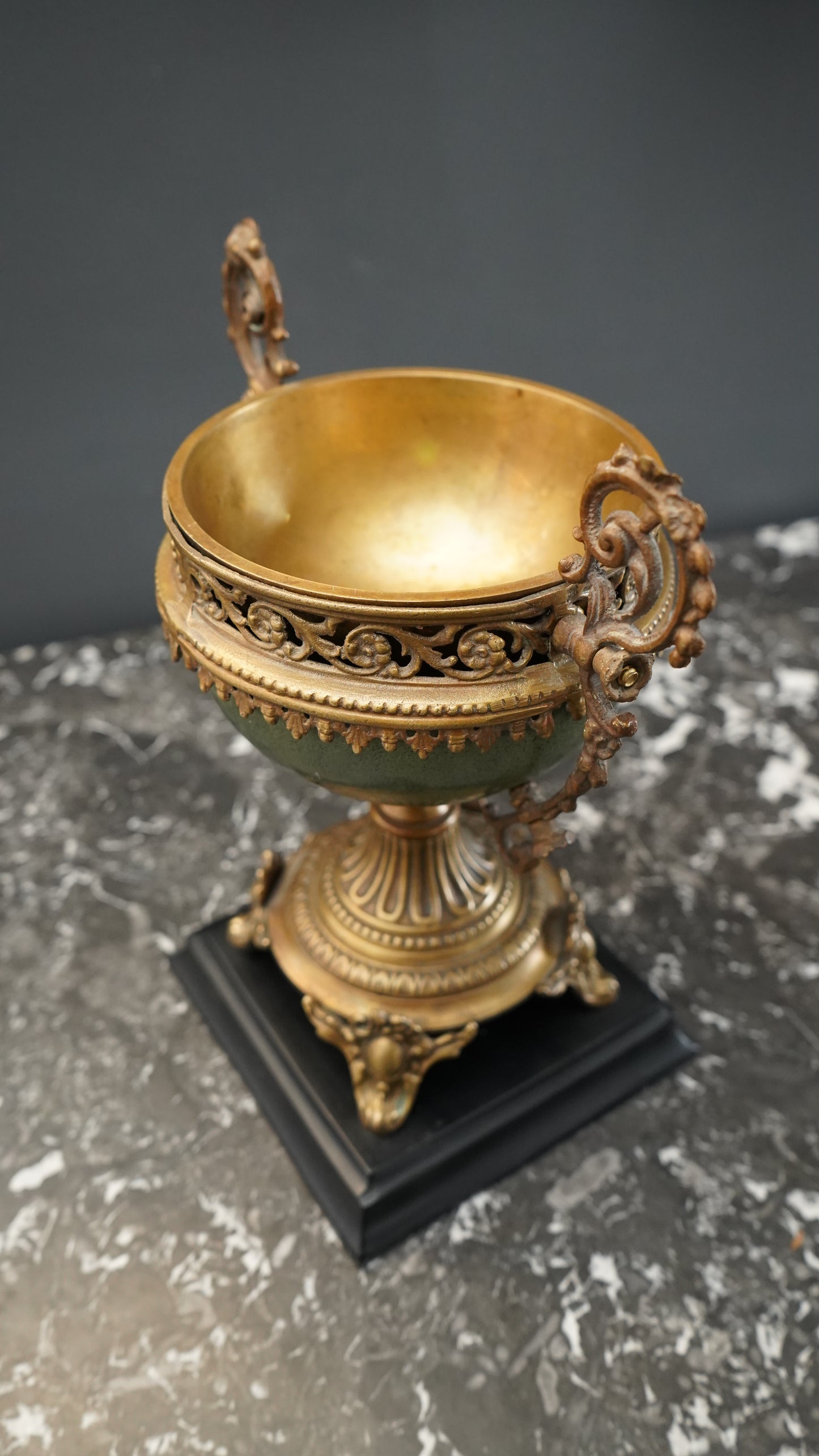 Vintage Neoclassical Decorative Urn with Faux Malachite Bowl and Gilt Metal Mounts