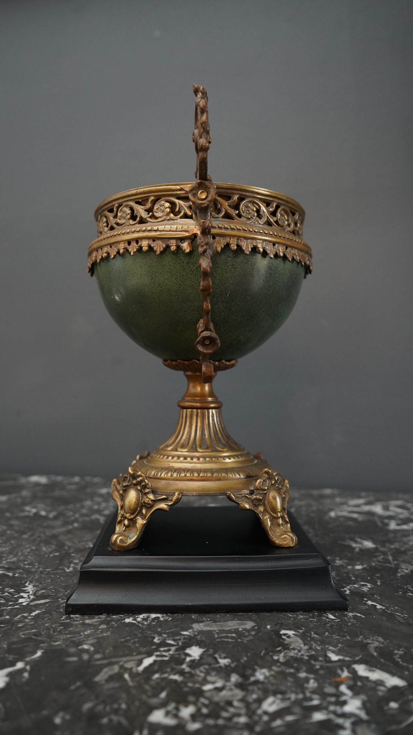Vintage Neoclassical Decorative Urn with Faux Malachite Bowl and Gilt Metal Mounts