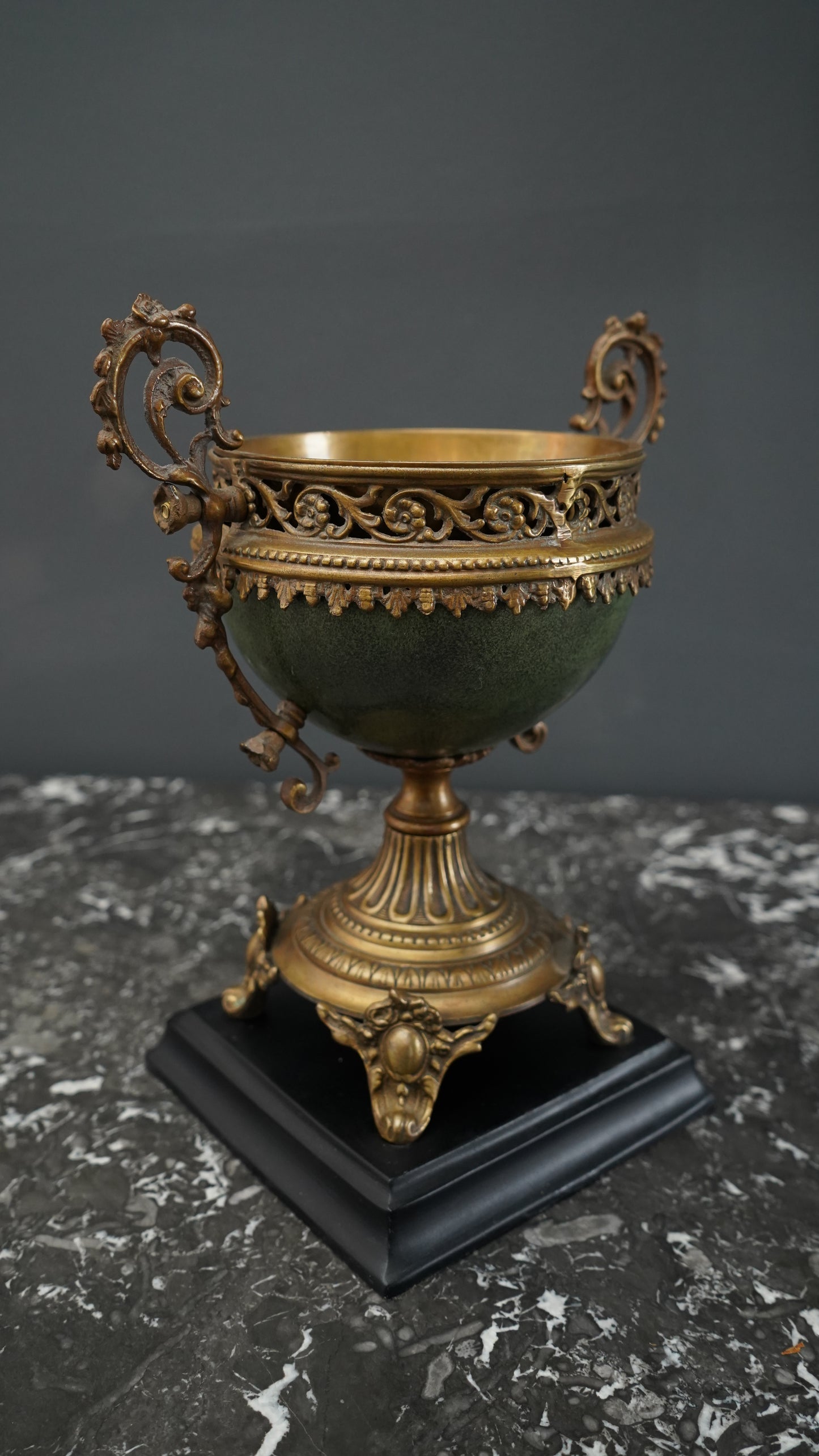 Vintage Neoclassical Decorative Urn with Faux Malachite Bowl and Gilt Metal Mounts