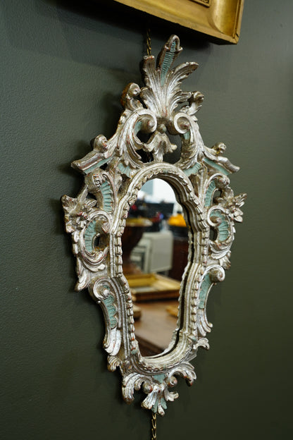 Antique Silver Gilt Wall Mirror, Italian Rococo, Teal Accents