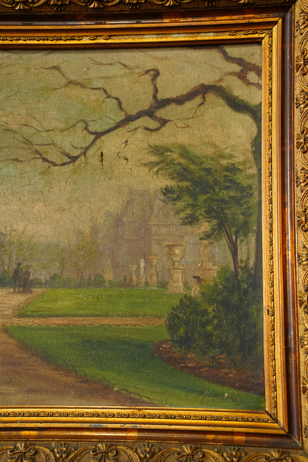 Antique Oil Painting Brussels Park Garden Scene