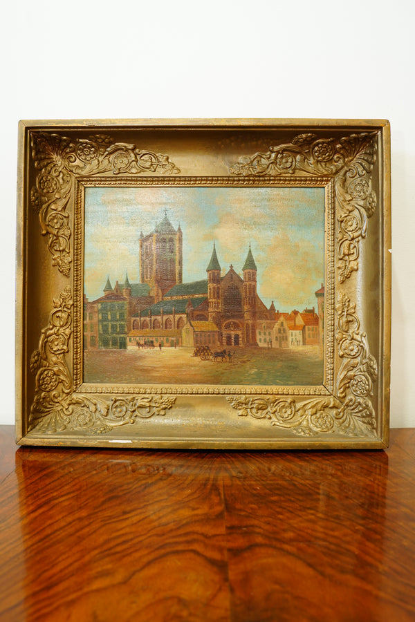Antique Oil Painting, Maastricht Cathedral Town Scene, Circa 1910