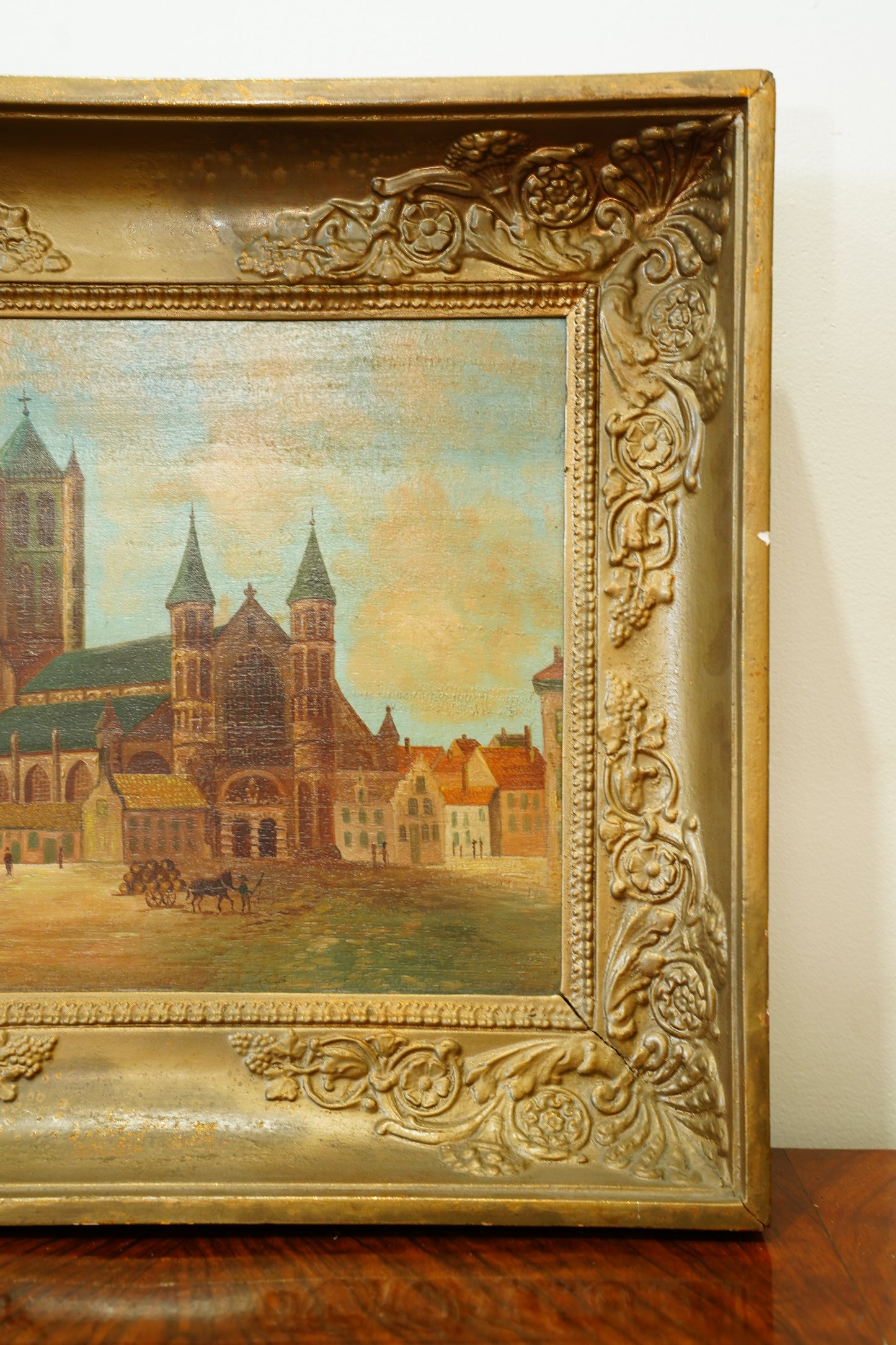 Antique Oil Painting, Maastricht Cathedral Town Scene, Circa 1910
