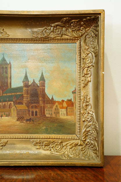 Antique Oil Painting, Maastricht Cathedral Town Scene, Circa 1910