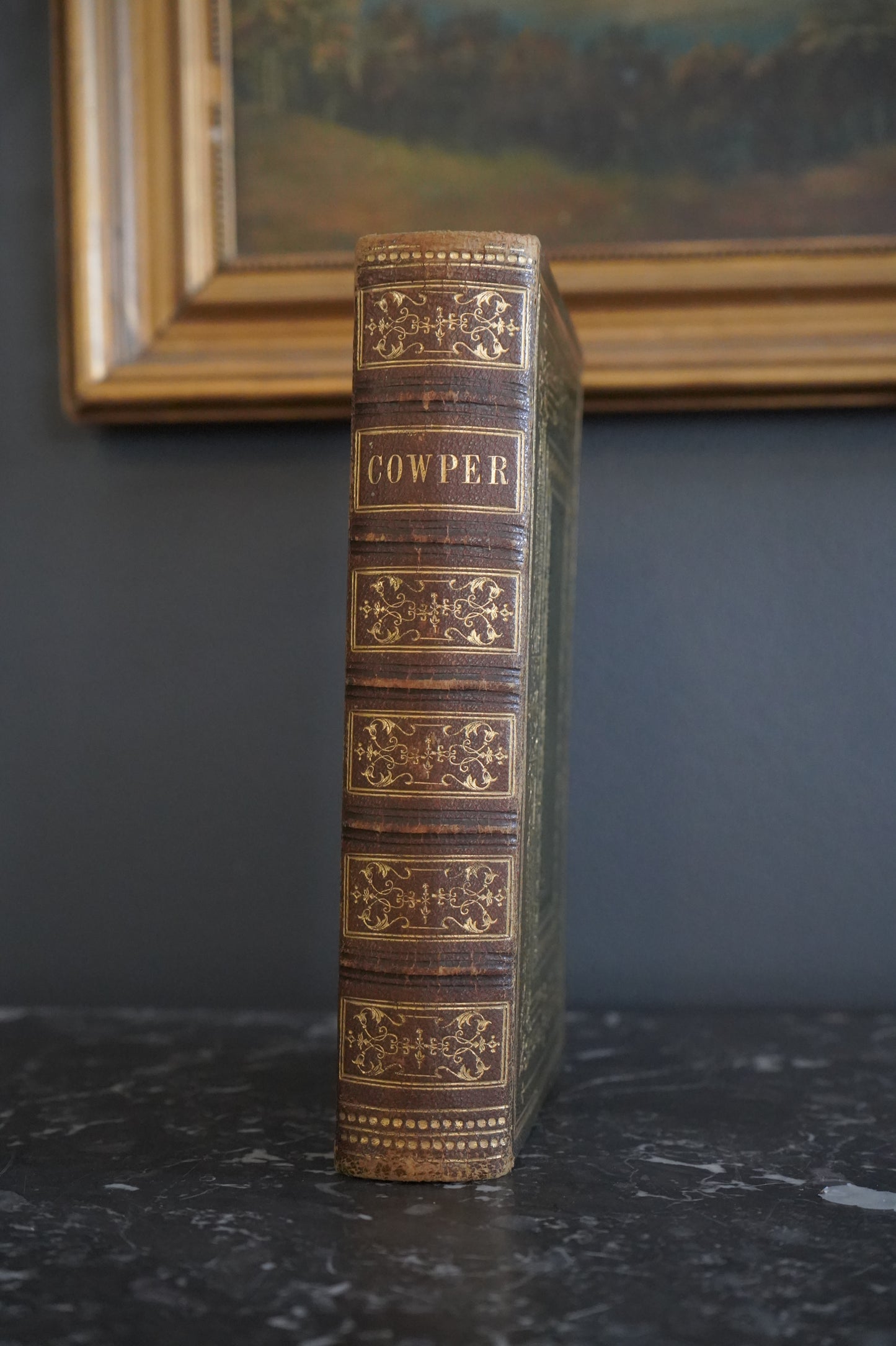 Antique Poetry Book The Complete Poetical Works of William Cowper Victorian Green Morocco Leather Binding c1853
