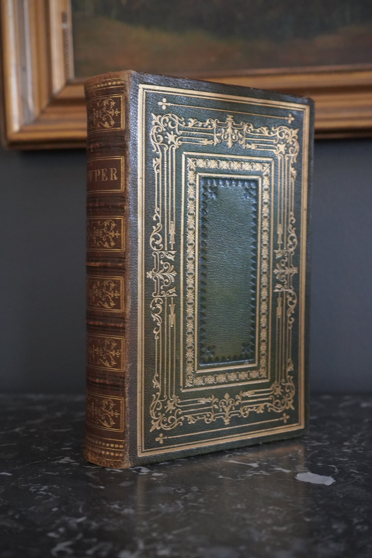 Antique Poetry Book The Complete Poetical Works of William Cowper Victorian Green Morocco Leather Binding c1853