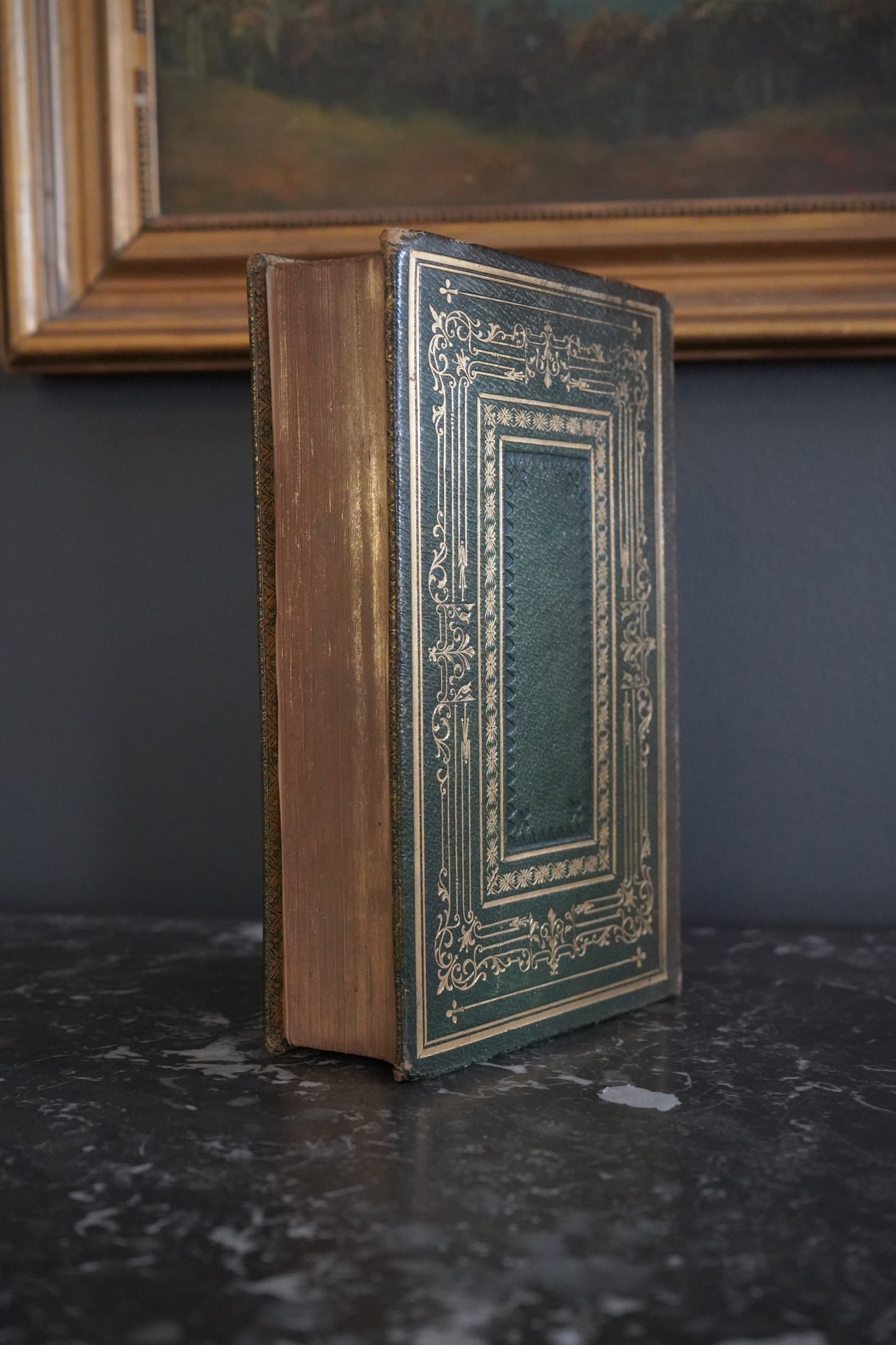 Antique Poetry Book The Complete Poetical Works of William Cowper Victorian Green Morocco Leather Binding c1853