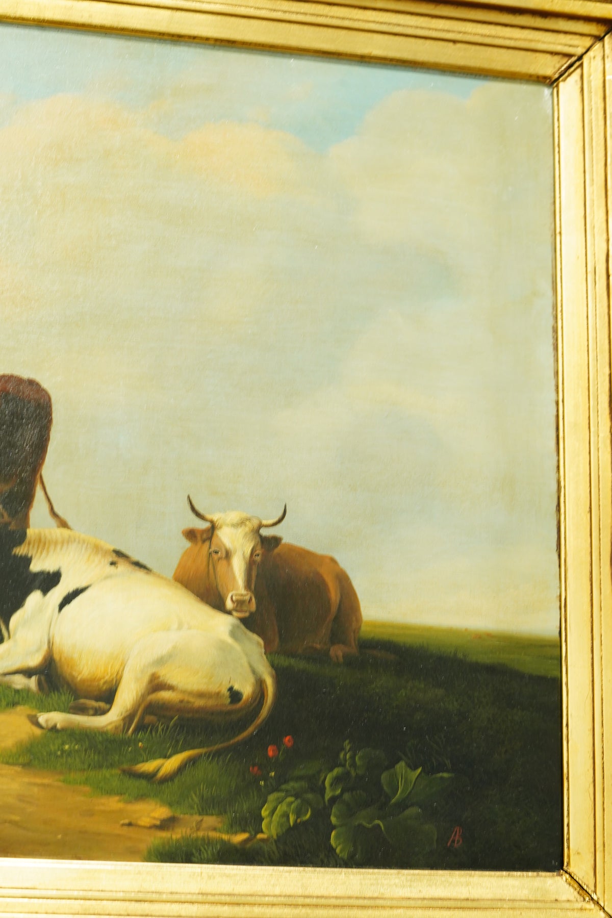 Antique Signed Dutch Oil Painting of Cows and Sheep in Meadow