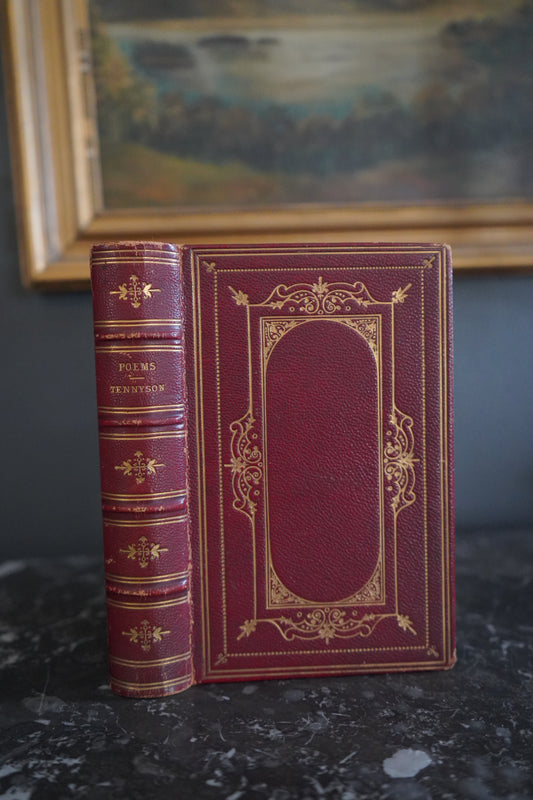 1875 "Poems" by Alfred Tennyson Red Fine Binding Full Leather Book, Antique Poetry Book