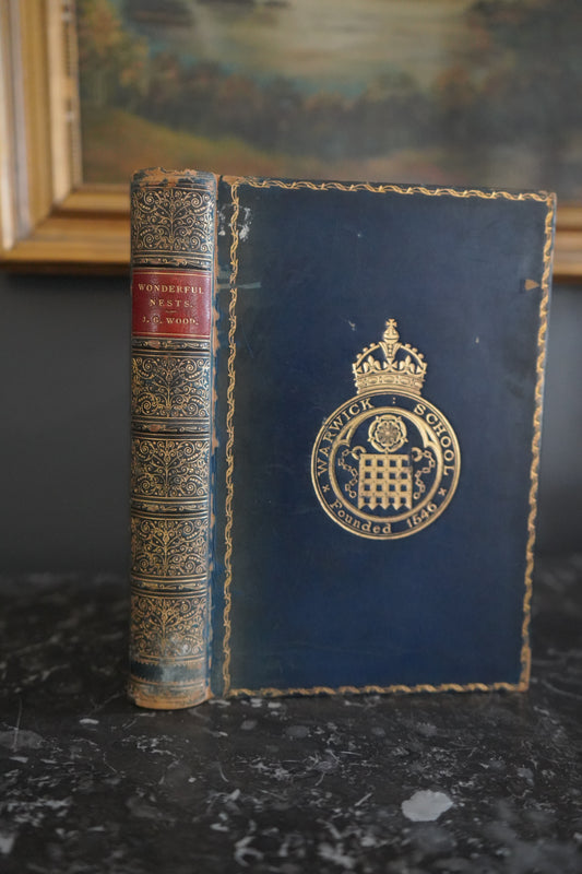 1892 Nature "Wonderful Nests" Blue Full Leather Prize Binding Book, Antique Bird Book