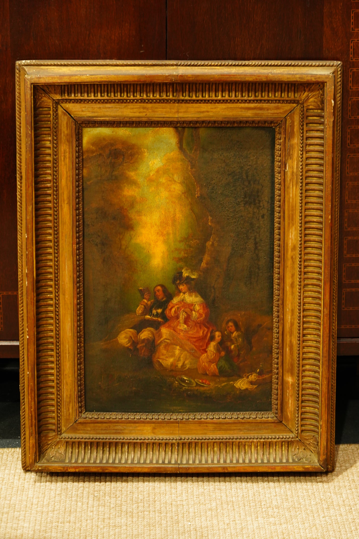 Antique European Oil Painting Figures in Landscape
