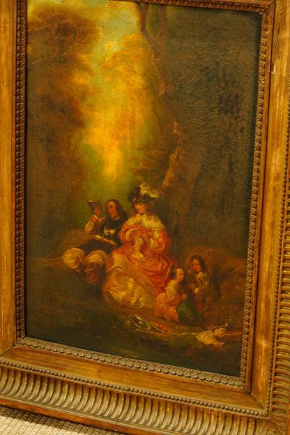 Antique European Oil Painting Figures in Landscape