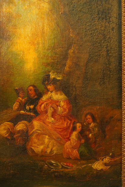 Antique European Oil Painting Figures in Landscape