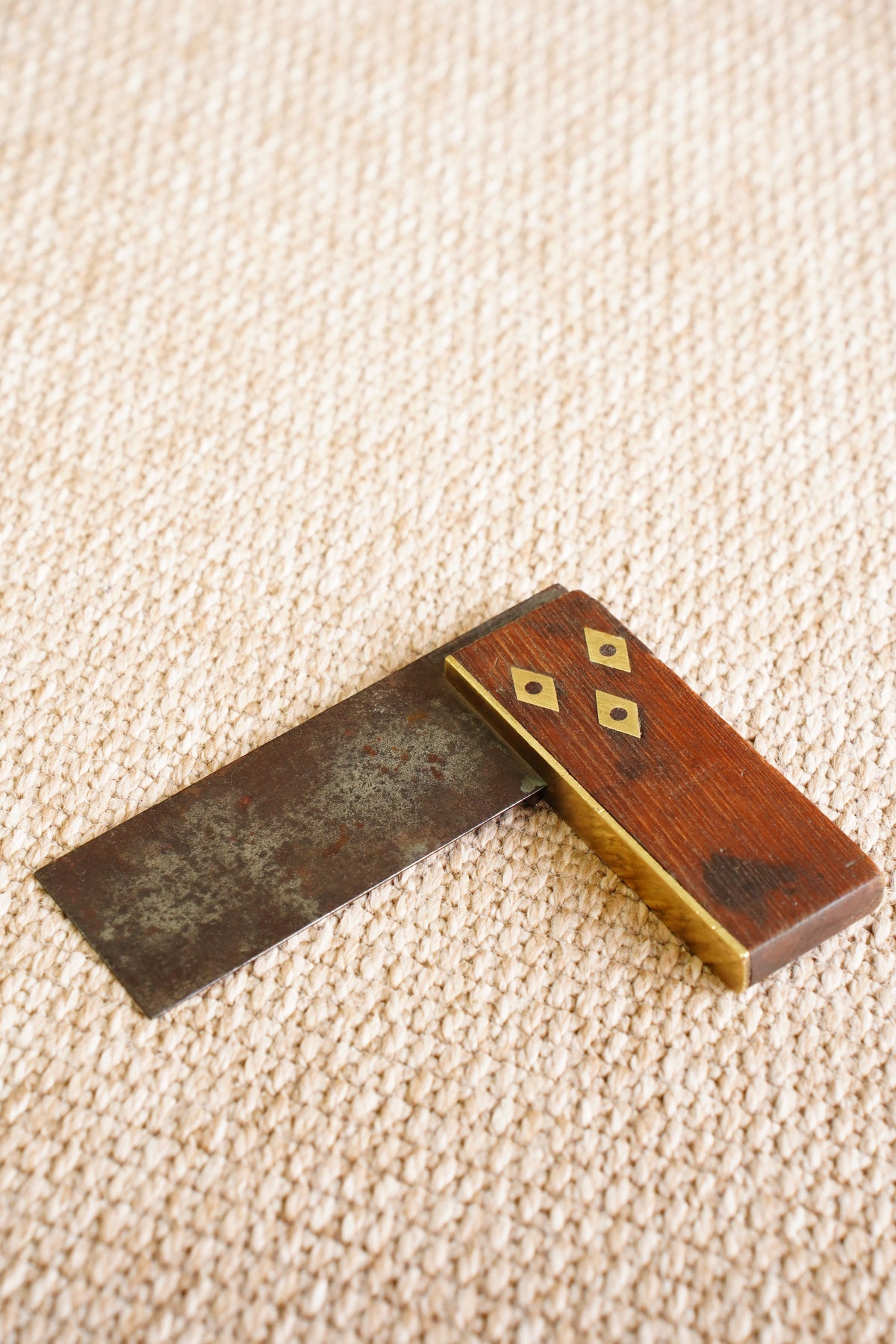 Antique Wood and Brass Try Square with Diamond Inlays