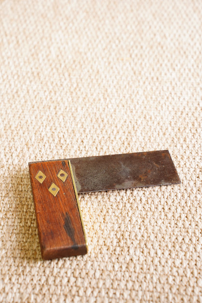 Antique Wood and Brass Try Square with Diamond Inlays