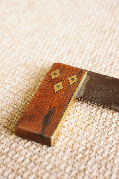 Antique Wood and Brass Try Square with Diamond Inlays