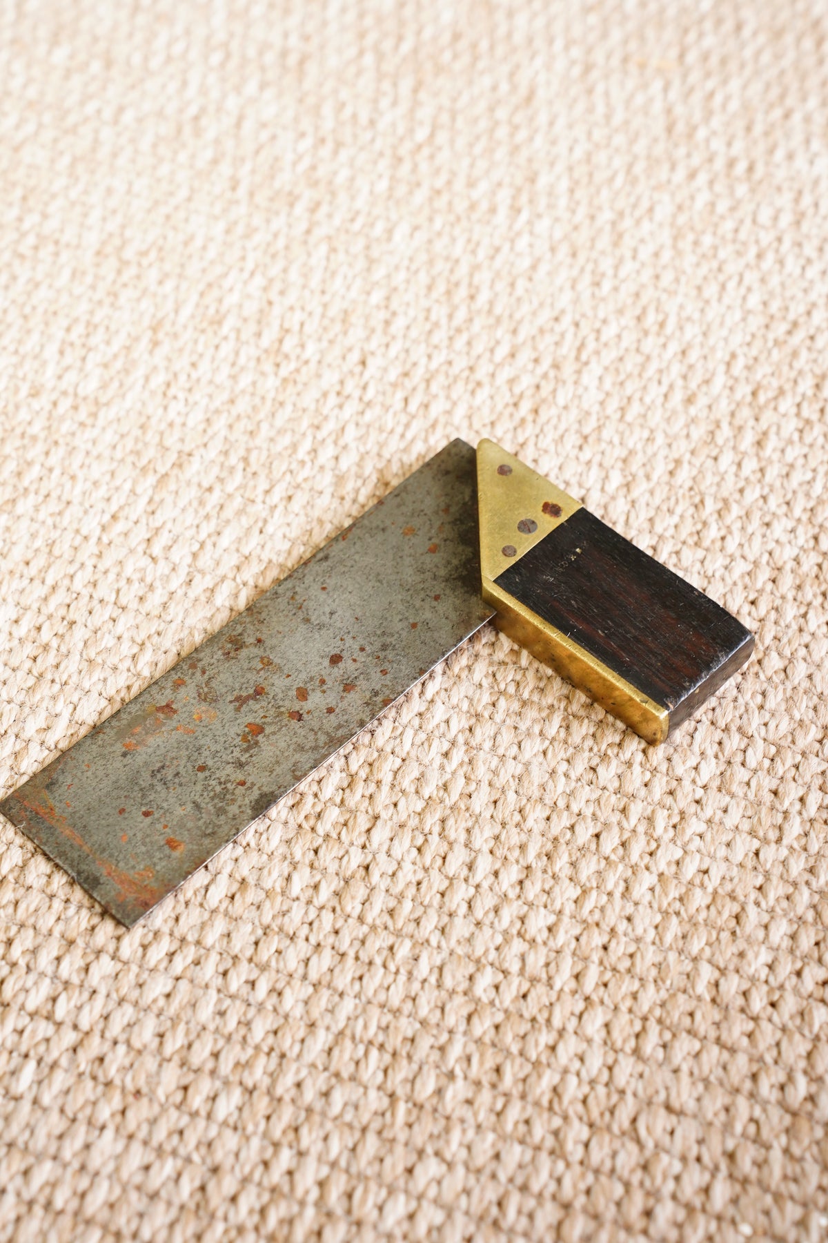 Antique Ebonised Wood and Brass Try Square, Steel Blade