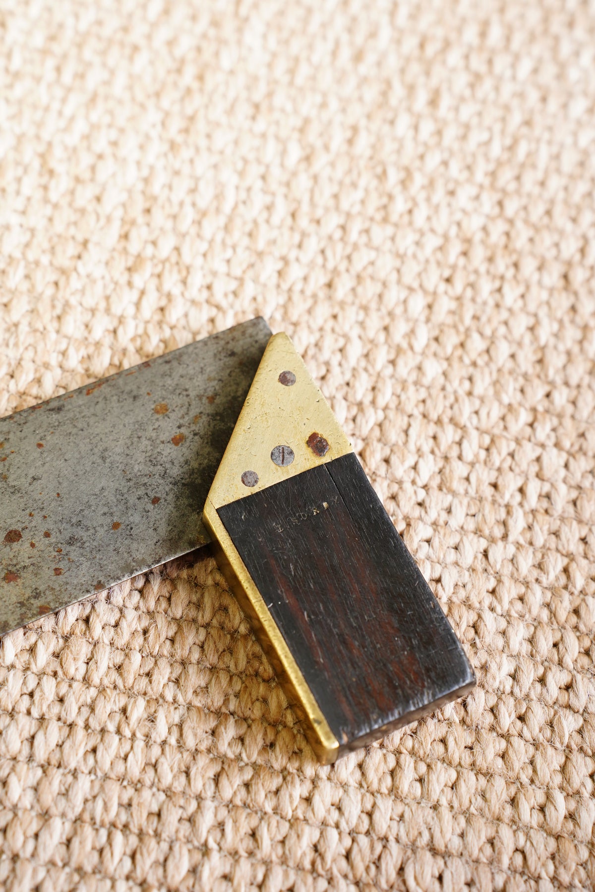 Antique Ebonised Wood and Brass Try Square, Steel Blade