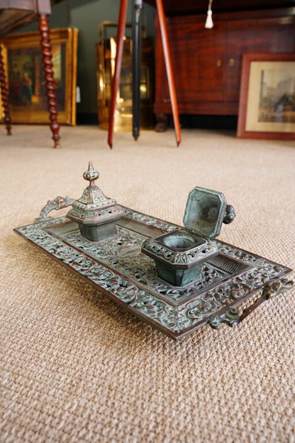 Ornate Cast Bronze Double Inkwell