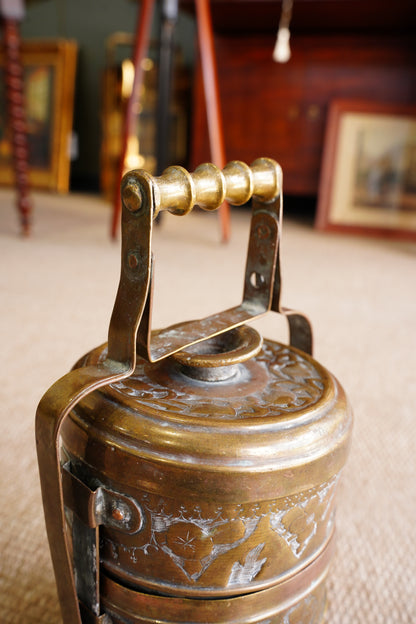 Vintage Brass Tiffin Carrier | Hand-Engraved 3-Tier Food Container with Handle