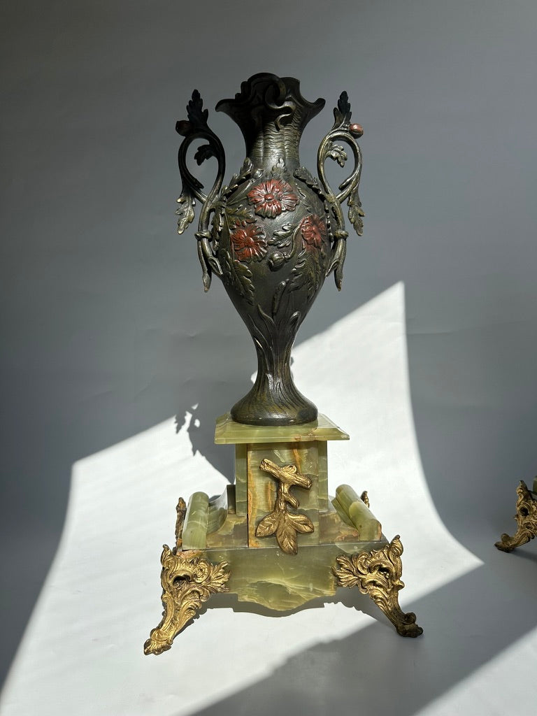 Pair of Antique French Neoclassical Spelter and Onyx Urns with Gilt Brass Accents